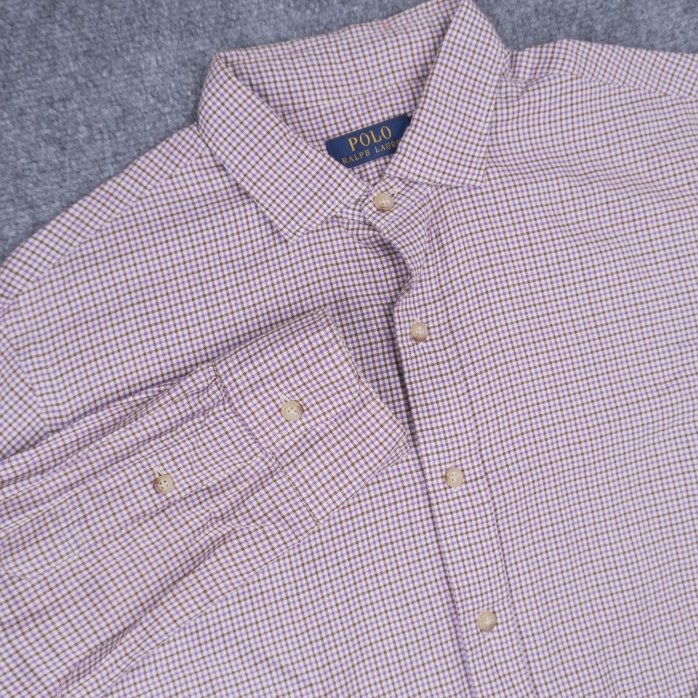 Polo Ralph Lauren Button Up‎ Shirt Mens Large Purple Brown Gingham Long Sleeve